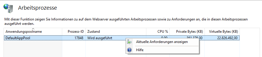 IIS Manager mit Kontextmenu des Prozesses