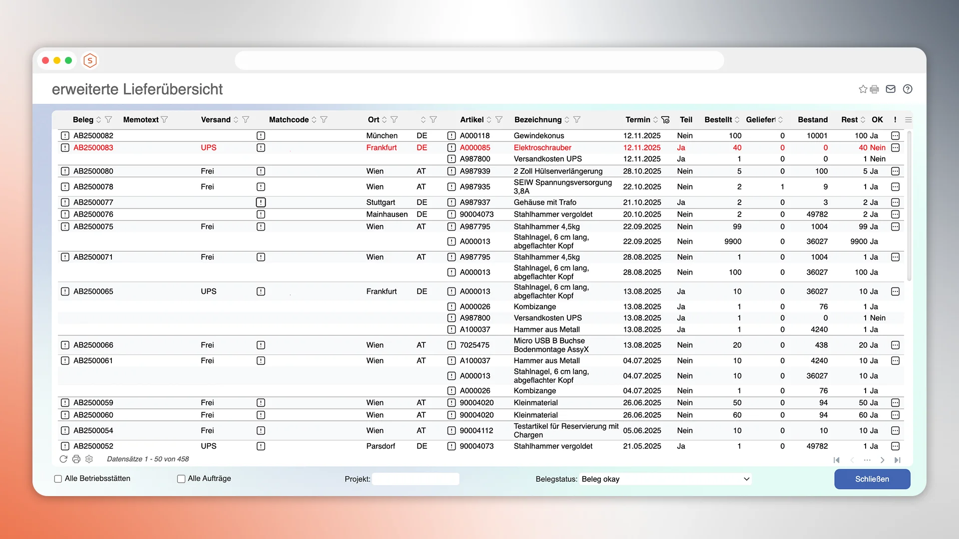 Erweiterte Lieferübersicht
