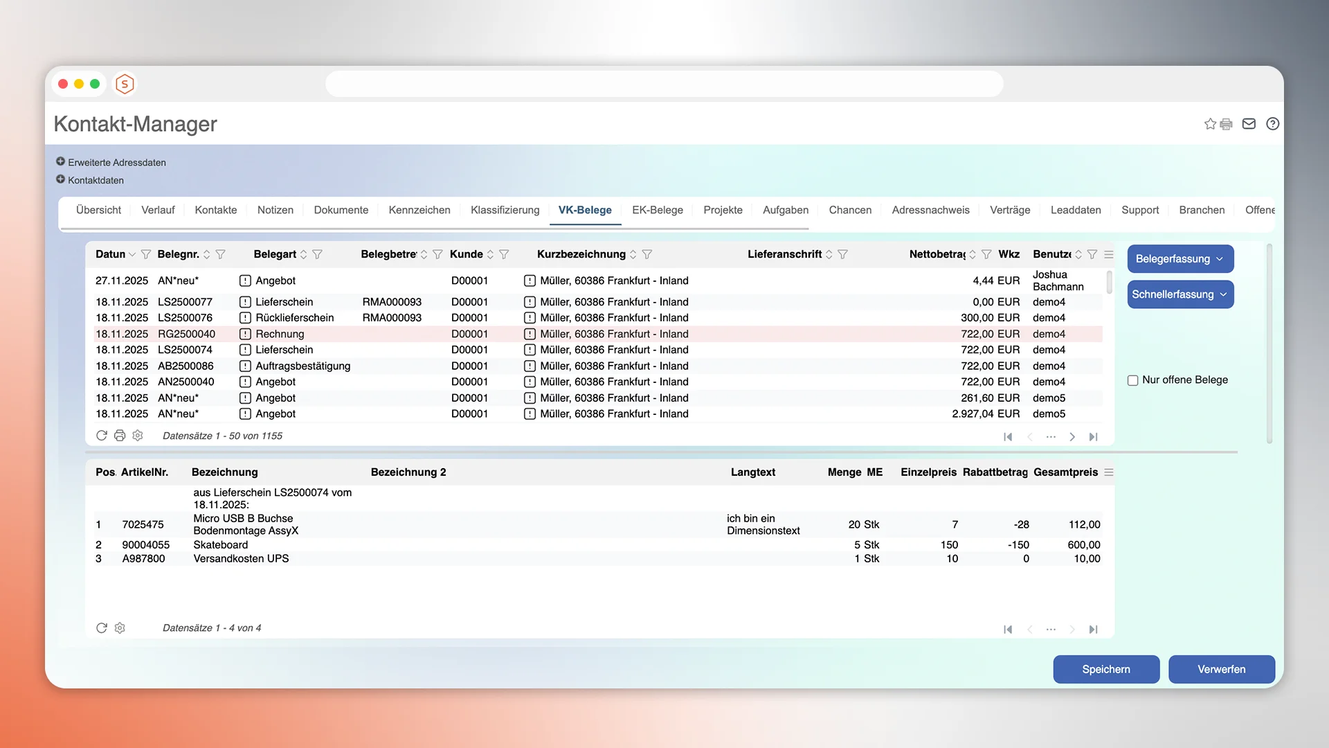 Erweiterte Verkaufsbeleganzeige
