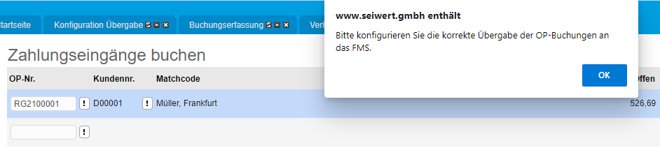 Fehlermeldung Bitte konfigurieren Sie die korrekte Übergabe der OP-Buchungen an das FMS