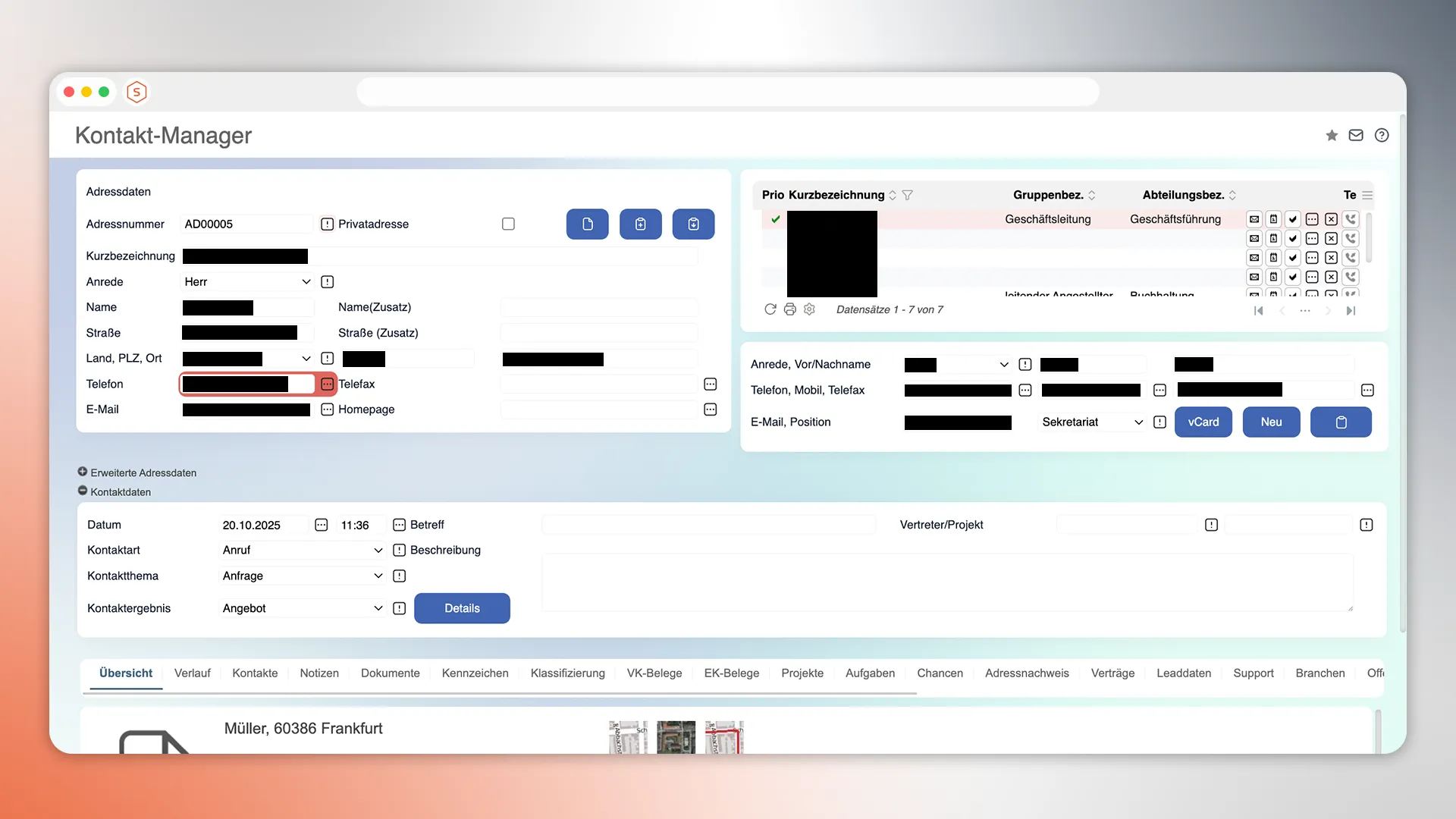 Mietlizenz mf.CRM Kundendaten im Kontaktmanager