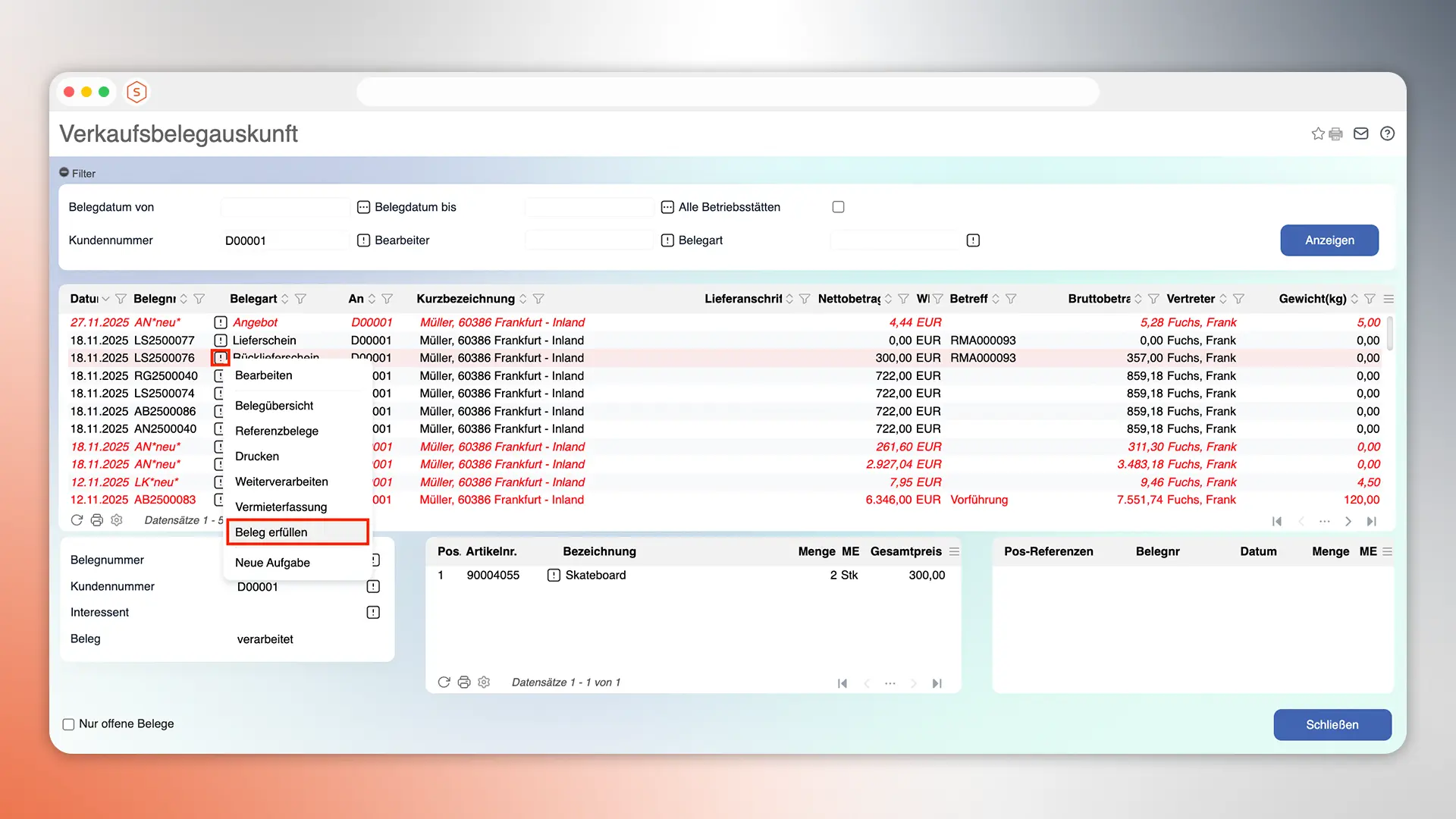 Vorgangsabschluss - Beleg auf erfüllt setzen